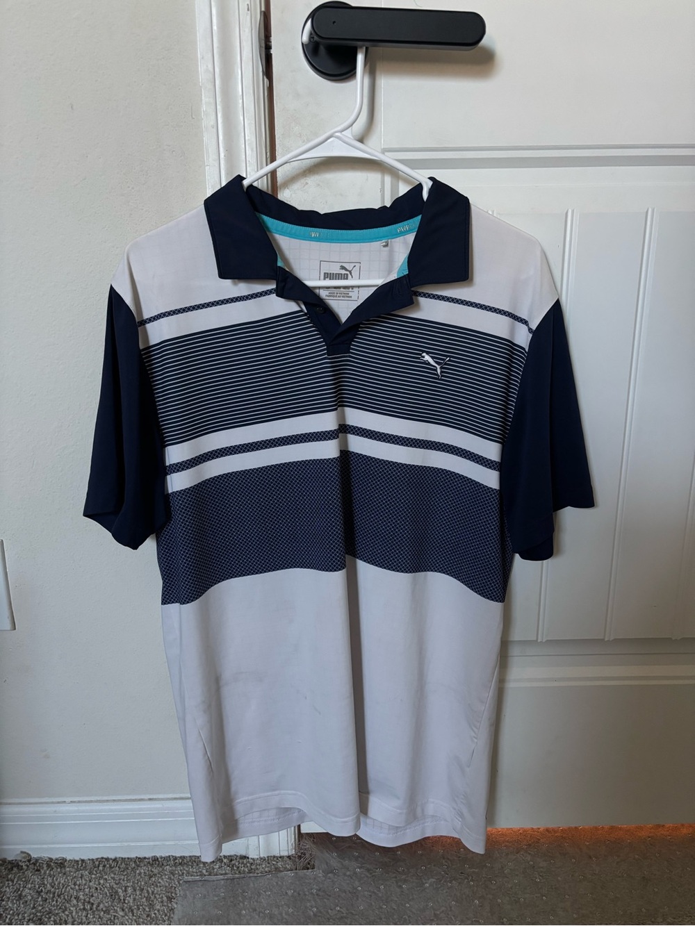Puma Men’s Navy and White Striped Polo Shirt